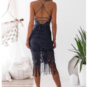 NWT Lady Black Tie Khaleesi lace up backless flapper cocktail midi fringe dress